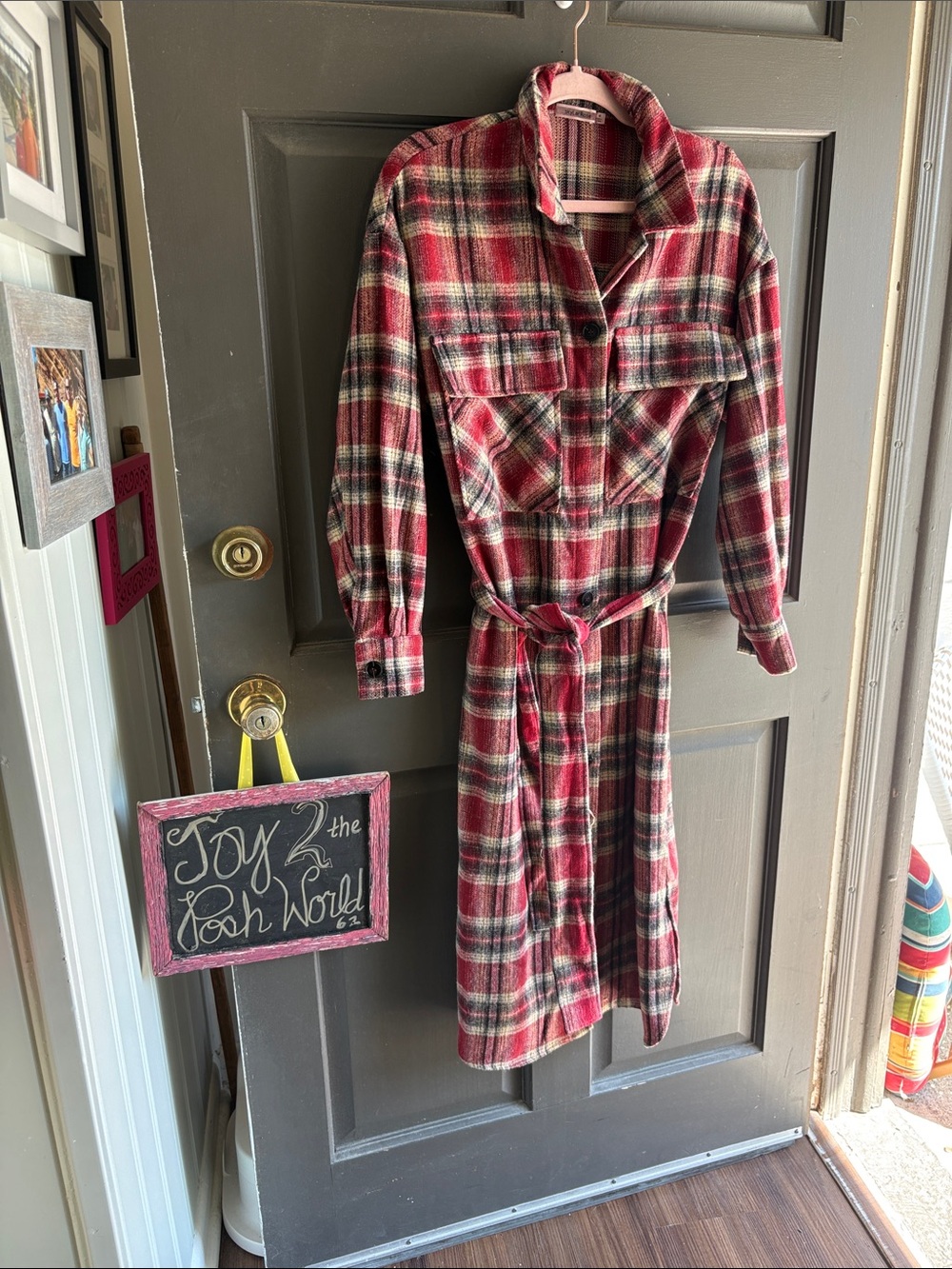 Plaid Shirt Dress/Coat with Waist Tie - Red Plaid